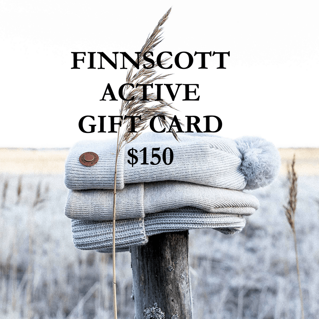 Stack of grey beanies on a wooden post with 'FINNSSCOTT ACTIVE GIFT CARD $150' text.