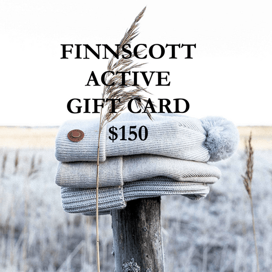 Stack of grey beanies on a wooden post with 'FINNSSCOTT ACTIVE GIFT CARD $150' text.