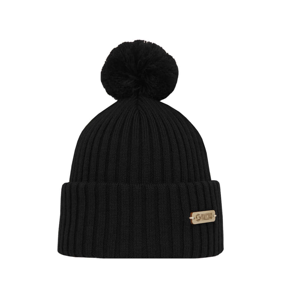 Pompom Beanie SuperYellow Kide Merino Wool Pompom Beanie Black