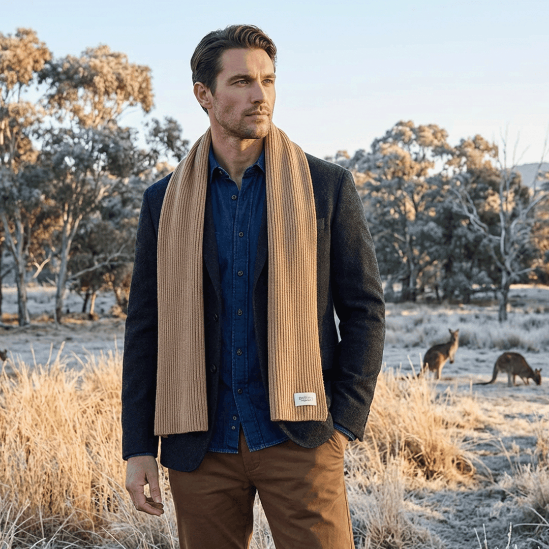 Man standing in a field with kangaroos, wearing a dark jacket, blue shirt, and brown scarf.