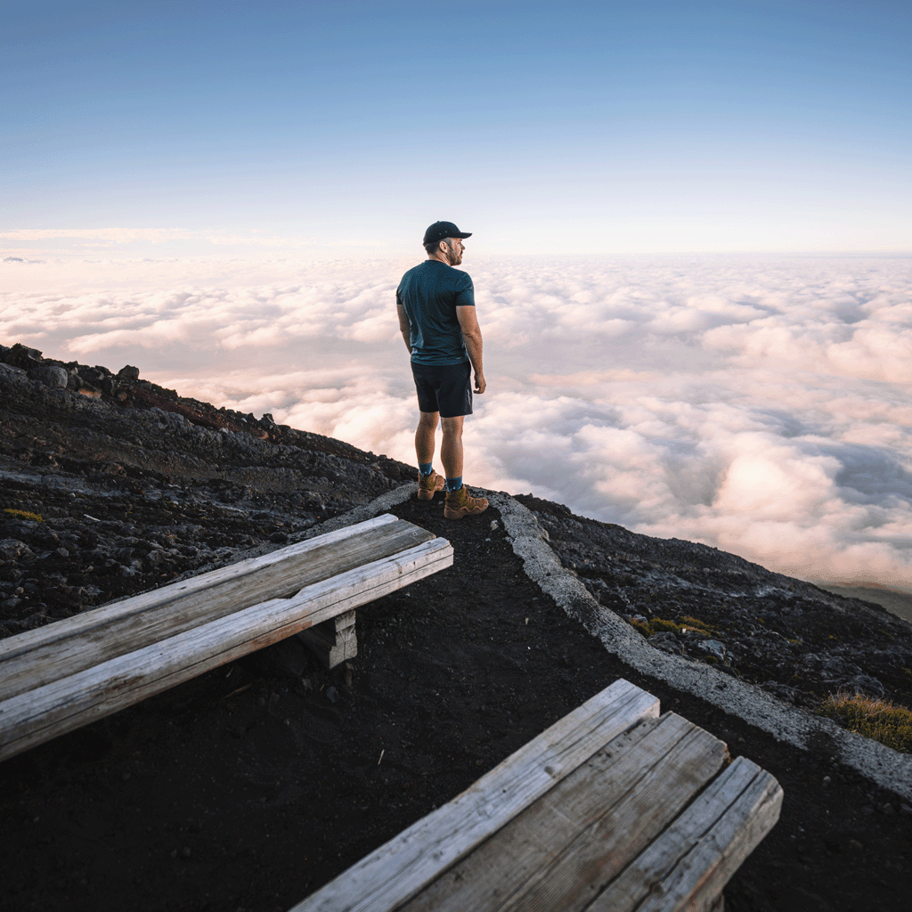 A man stands on a mountain ridge above a sea of clouds, wearing a dark blue t-shirt, black shorts, boots, lifestyle socks and a black cap, with wooden benches in the foreground.