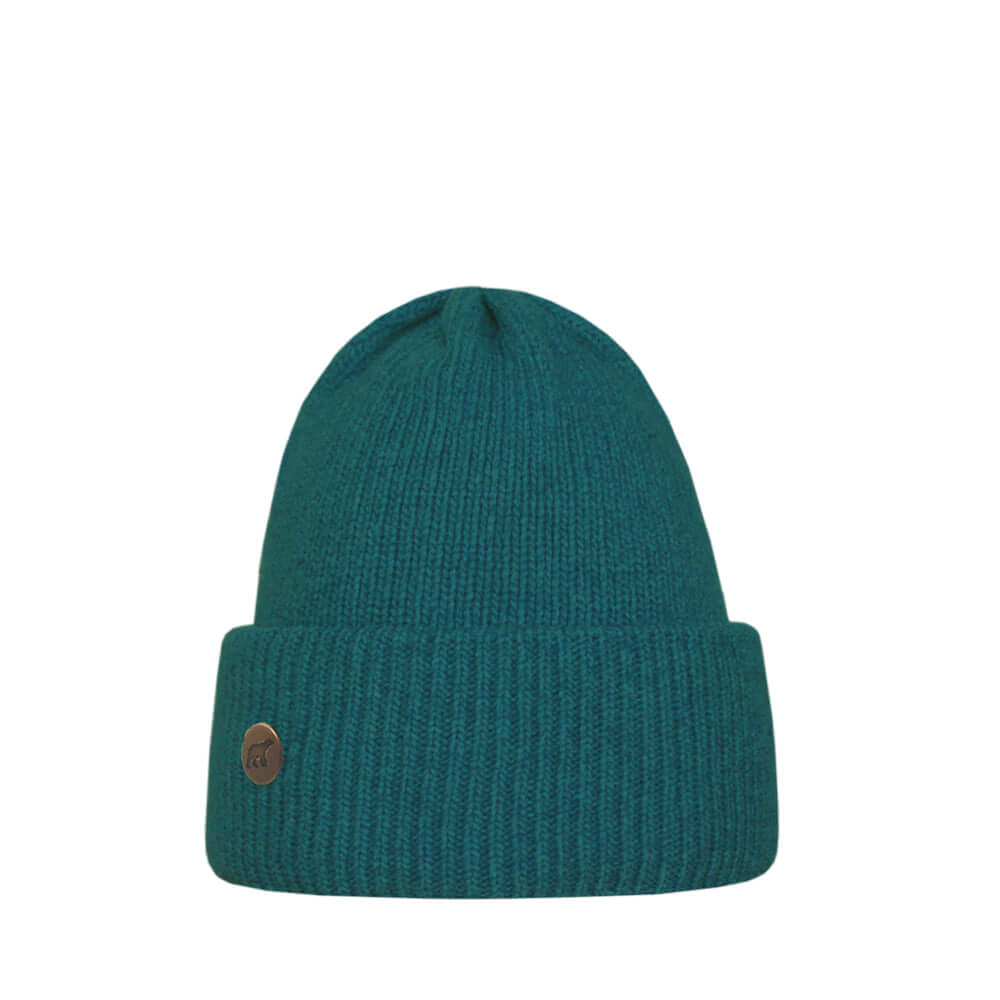 Aqua Teal beanie with a brown button on a white background
