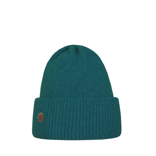 Aqua Teal beanie with a brown button on a white background