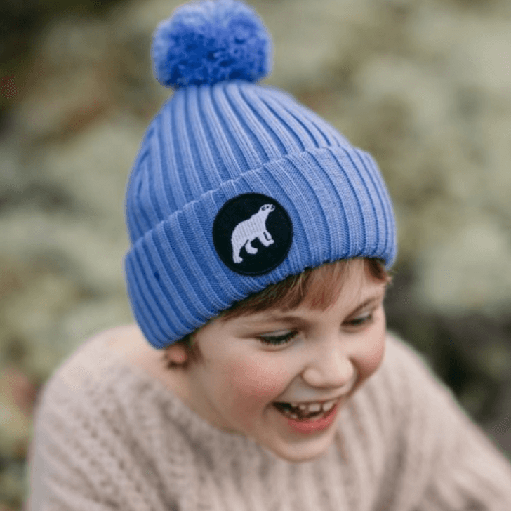 Child's Pompom Beanie SuperYellow Polar Junior Merino Wool Kids Pompom Beanie Cornflower Blue 