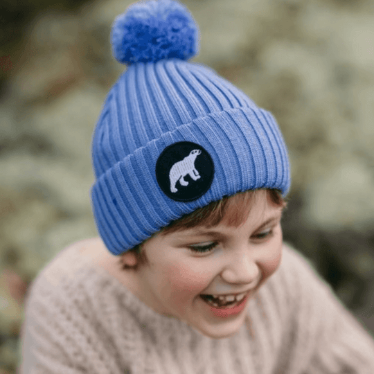 Child's Pompom Beanie SuperYellow Polar Junior Merino Wool Kids Pompom Beanie Cornflower Blue 