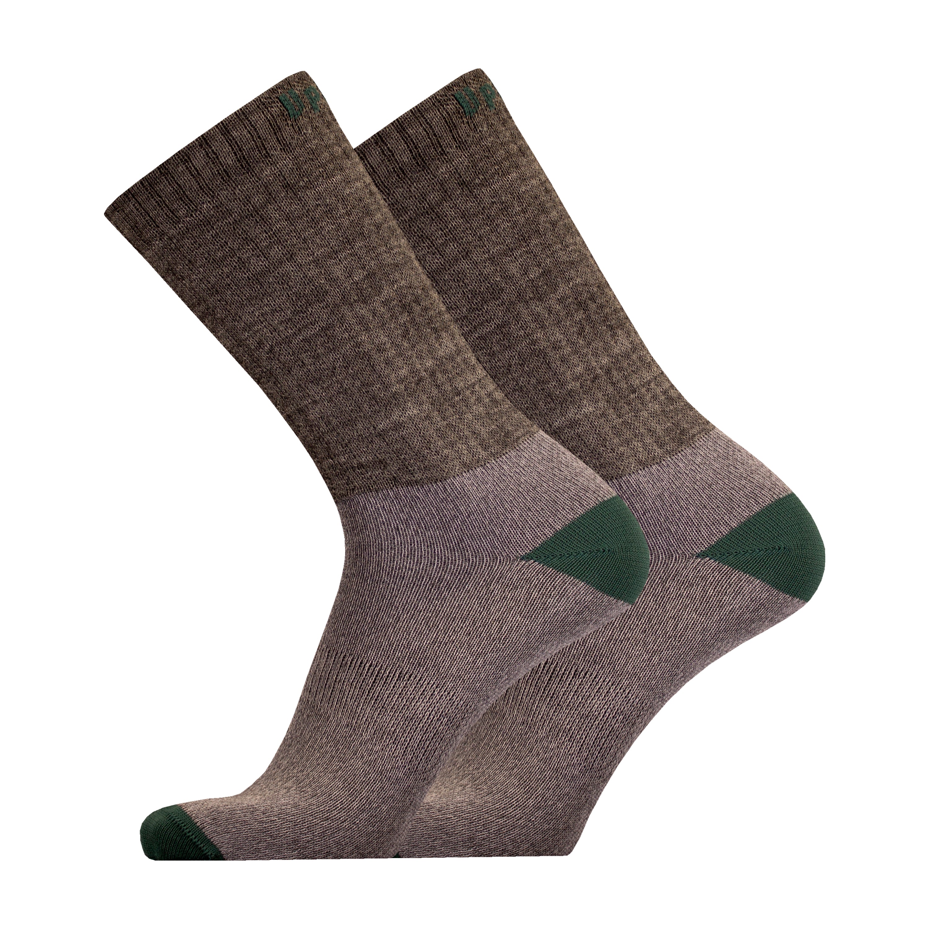 Pair of Posio green merino wool trekking  socks with green accents on a white background.