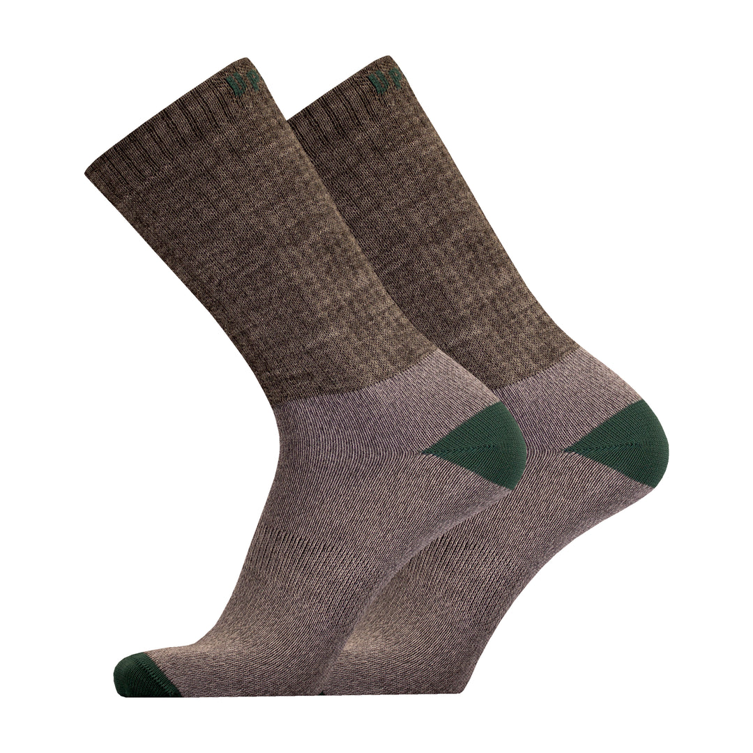 Pair of Posio green merino wool trekking  socks with green accents on a white background.