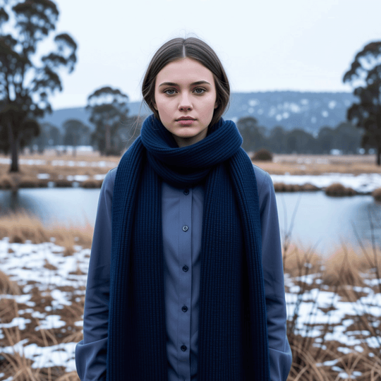 Woman wearing a blue scarf and coat in a snowy landscape with trees and water.