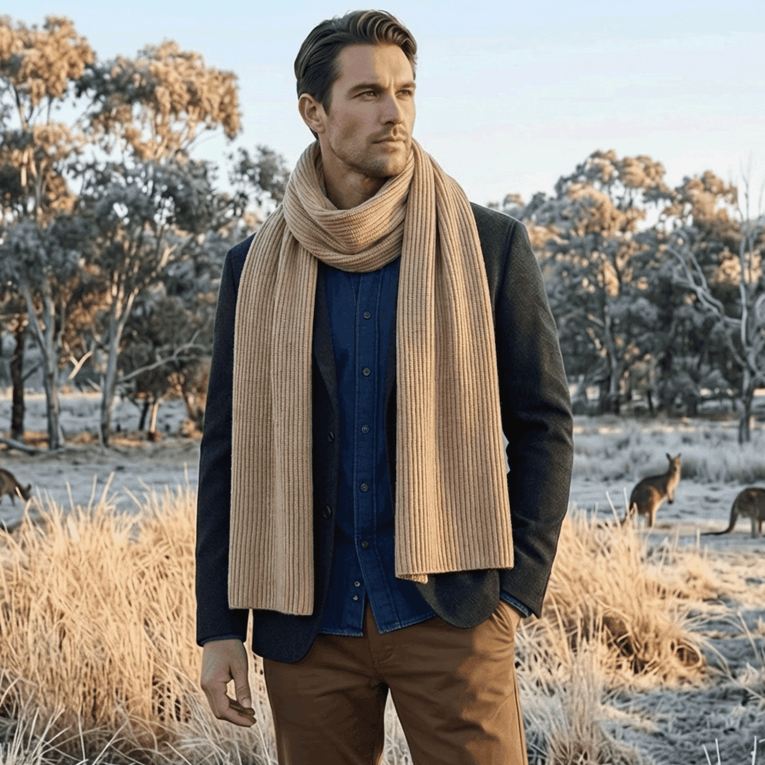 Man wearing a scarf in a snowy landscape with trees and kangaroos.