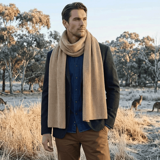 Man wearing a scarf in a snowy landscape with trees and kangaroos.