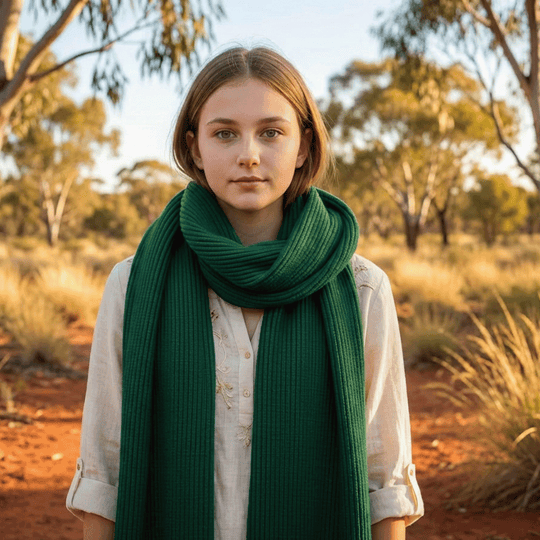 Woman wearing a green scarf in a natural setting with trees and sunlight.