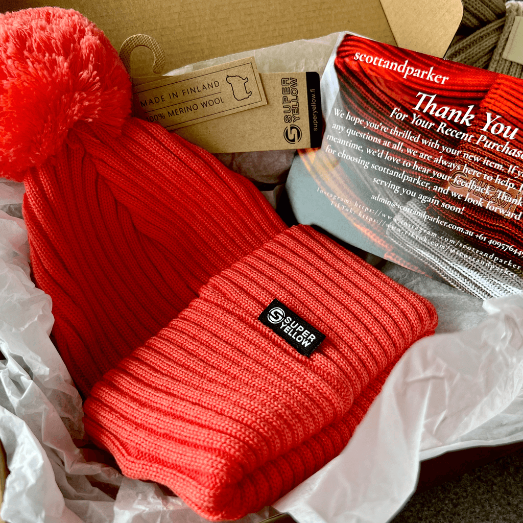 Pompom Beanie SuperYellow Kide Merino Wool Pompom Beanie Coral