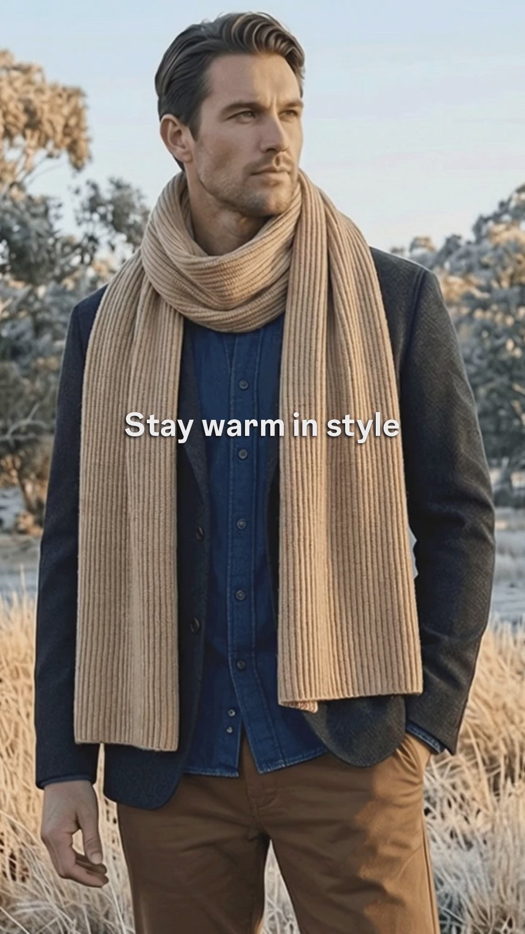 Man standing with toffee merino wool scarf