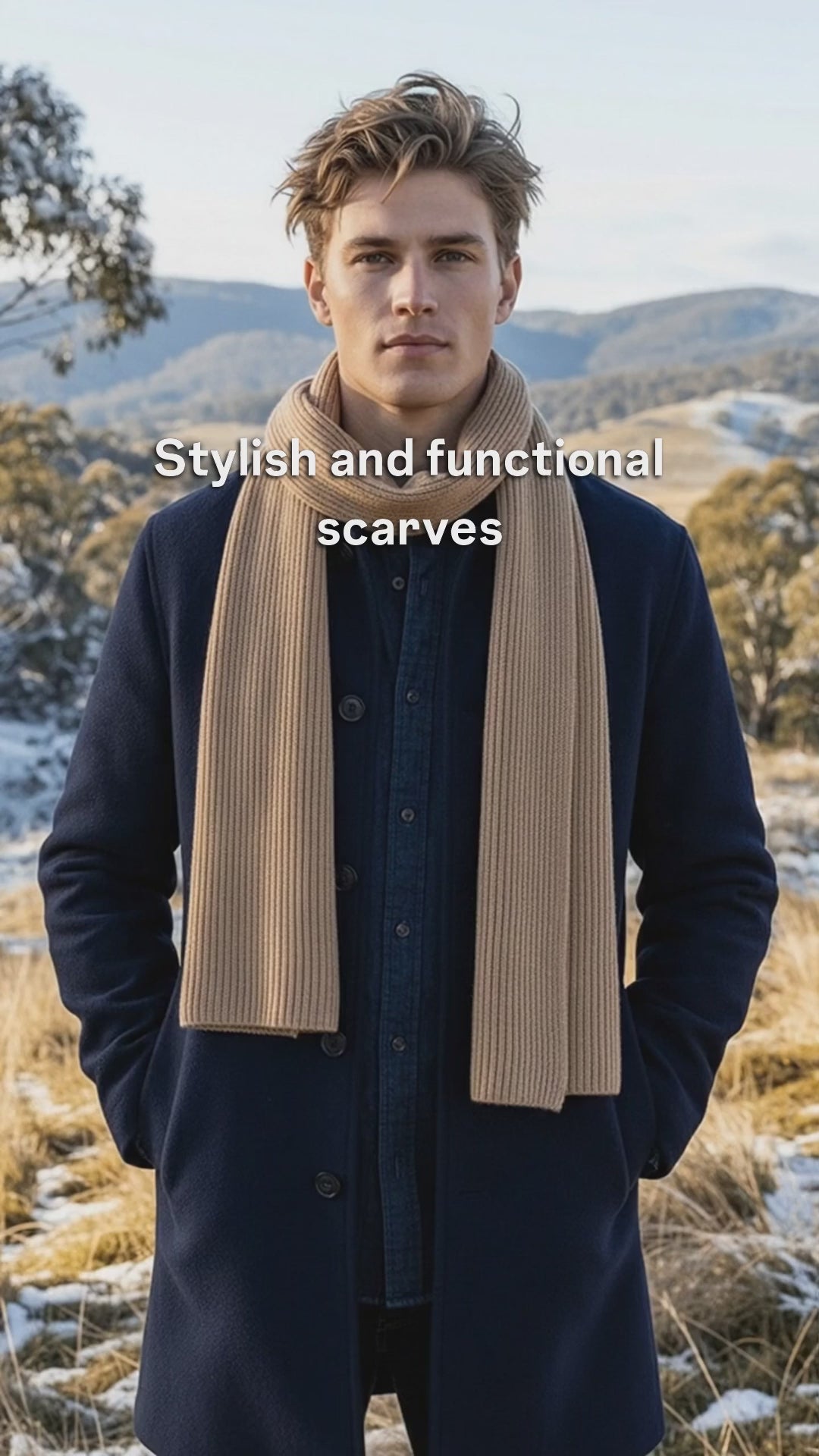 Man standing with toffee merino wool scarf.