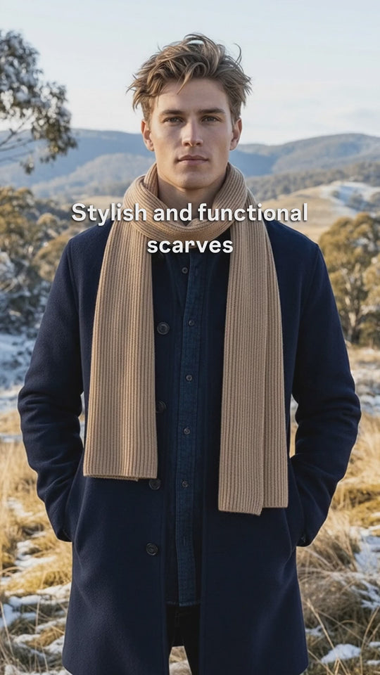 Man standing with toffee merino wool scarf.